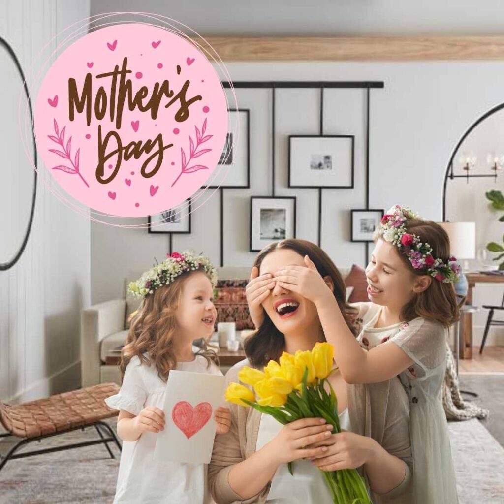 Happy-Mother's-Day-Children-celebrate-Mother's-day-by-giving-their-mother-a-bouquet-and-a-card
