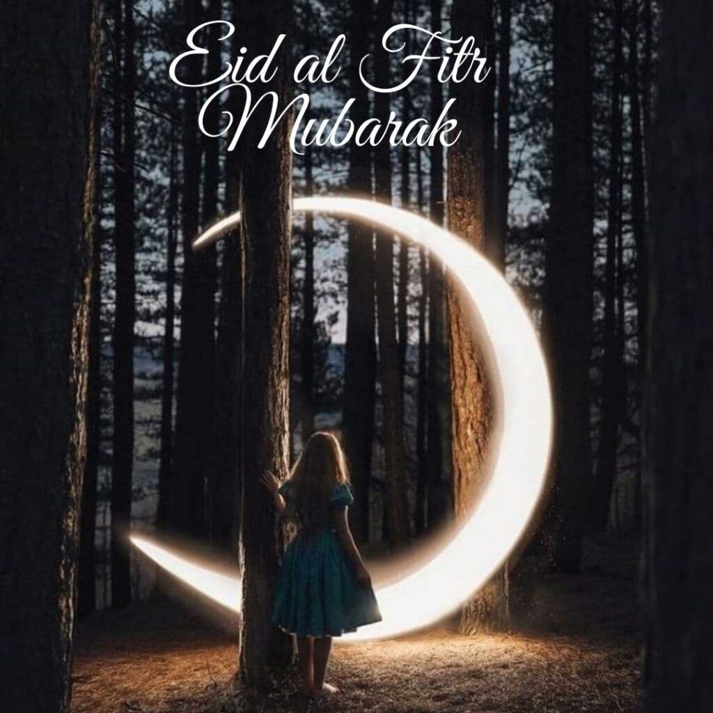 Eid-al-Fitr-Mubarak-A-little-blonde-girl-looking-at-the-Eid-moon-in-the-dense-forest