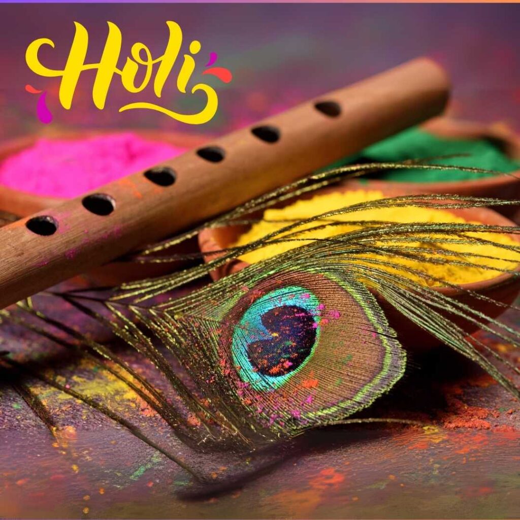 Happy-Holi-The-flute-and-peacock-feather-lying-with-colors